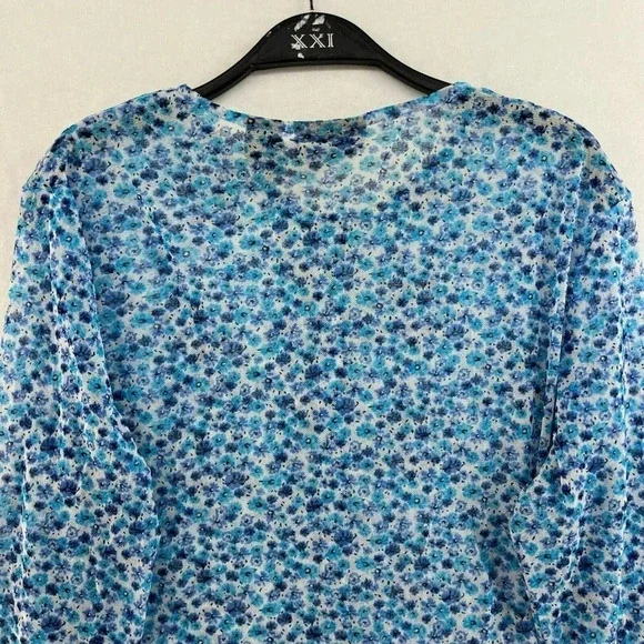New York & Company Blouse Womens XL Blue Floral Button-Up Round Neck Long Sleeve - Picture 8 of 11